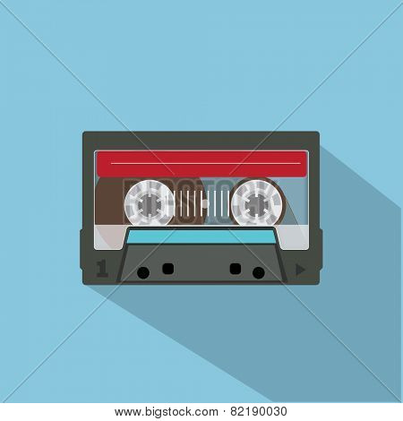 Audio tape. Flat design vector illustustration on blue background.