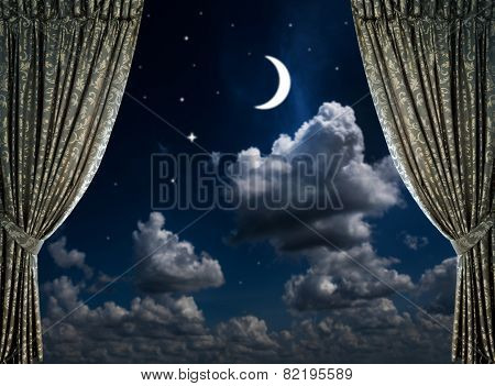 fabric curtains on a nigt sky background 