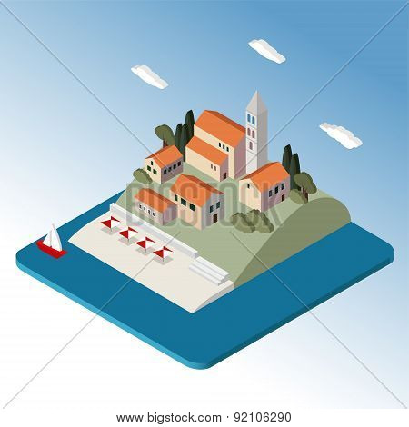 Isometric Mediterranean Landscape By Sea, Little Town, Vector