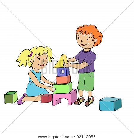 Little Girl And Boy Playing With Toy Blocks.