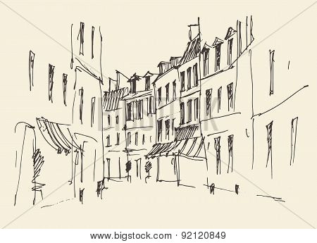 Streets in Paris, France, Vintage Hand Drawn