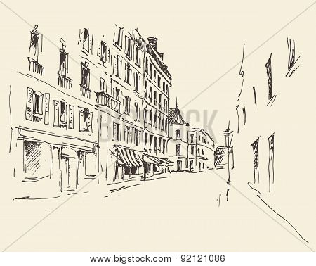 Streets in Paris, France, Vintage Hand Drawn
