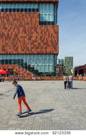 Antwerp, Belgium - May 10, 2015: People Visit Museum Aan De Stroom