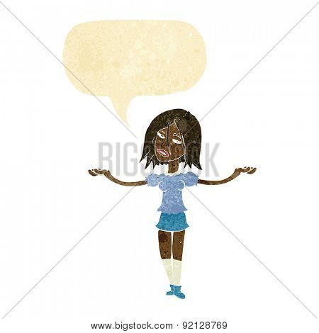 cartoon woman shrugging shoulders with speech bubble