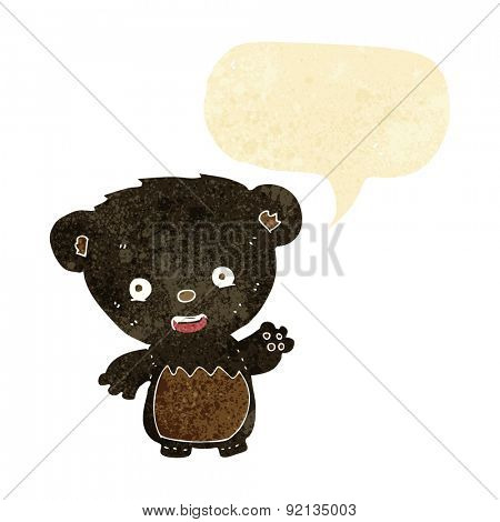 cartoon black bearcub waving with speech bubble