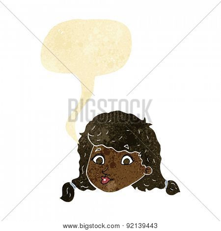 cartoon pretty female face with speech bubble