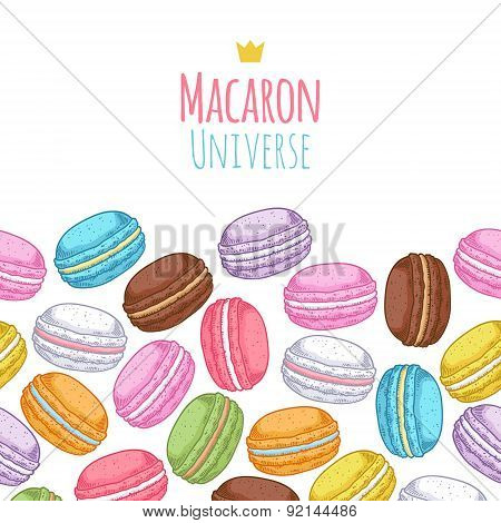 Seamless assorted macarons horiaontal pattern.
