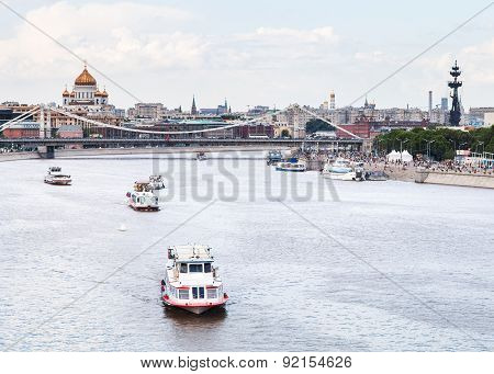 Krymsky Bridge And Excursion Ships On Moskva River