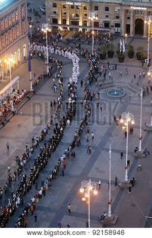 ZAGREB, CROATIA - MAY 31, 2015: Procession through the streets of the city for a day Our Lady of the Kamenita vrata, patroness of Zagreb, led by Cardinal George Pell and Cardinal Josip Bozanic.