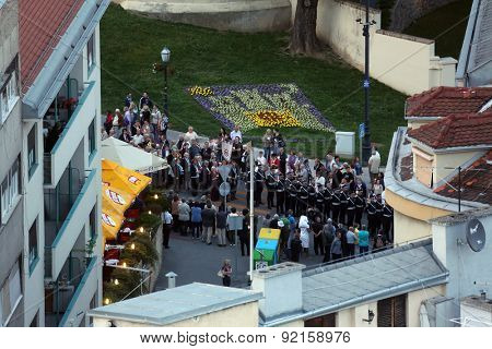 ZAGREB, CROATIA - MAY 31, 2015: Procession through the streets of the city for a day Our Lady of the Kamenita vrata, patroness of Zagreb, led by Cardinal George Pell and Cardinal Josip Bozanic.