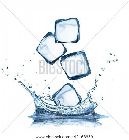 Falling ice cubes in water splashes isolated on white background