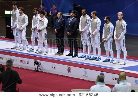 ST. PETERSBURG, RUSSIA - MAY 3, 2015: Teams Italy and France before the match for 3rd place of International fencing tournament St. Petersburg Foil. The tournament is the stage of FIE World Cup
