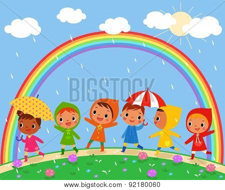 Children Walk On A Beautiful Rainy Day