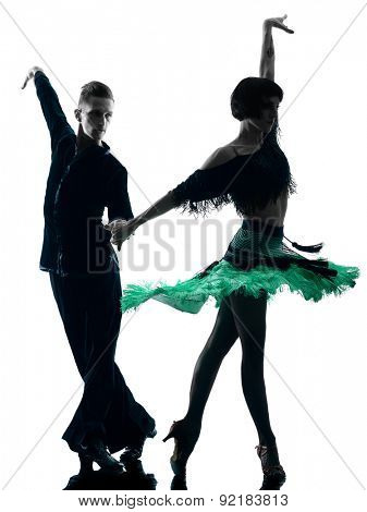 one caucasian elegant couple dancers dancing in studio silhouette isolated on white background