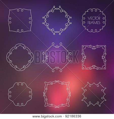 Set of various outline frames and badges on colorful blur background. Vector illustration.