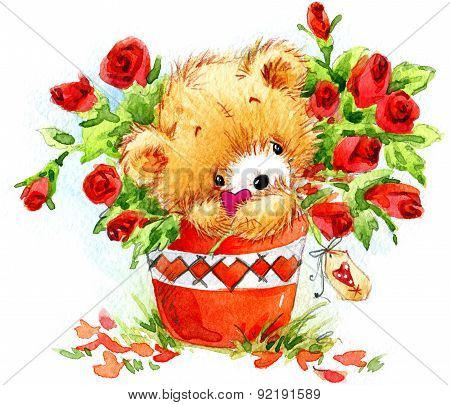 Valentine day. Cute teddy bear and red heart.