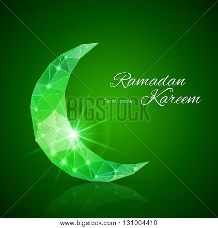 Glowing ornate crescent with bright flare and radiance in emerald shades. Greeting card of holy Muslim month Ramadan