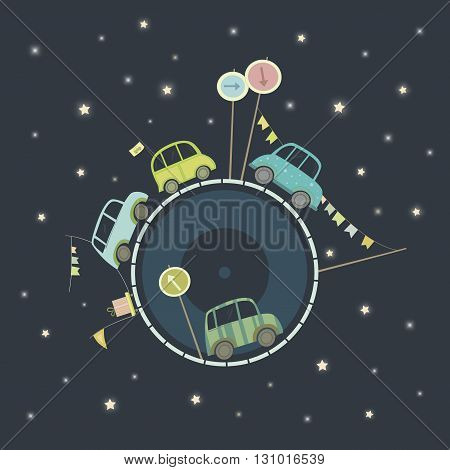 Cars traveling around the globe in big space. Vector illustration.