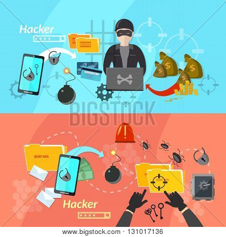 Hacker banners computer virus attacks mobile phone hacking password theft vector illustration