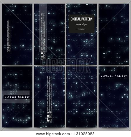 Set of modern vector flyers. Virtual reality, abstract technology background with blue symbols, vector illustration.
