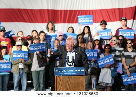 IRVINE, CALIFORNIA - May 22: Bernie Sanders speaks to the crowd in Irvine, California on May 22, 2016