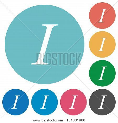 Flat italic font icon set on round color background.