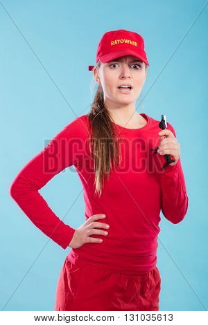 Lifeguard Woman In Cap On Duty With Whistle.