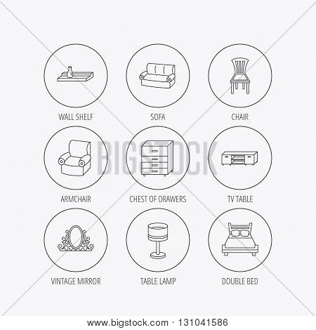Double bed, table lamp and armchair icons. Chair, lamp and vintage mirror linear signs. Wall shelf, sofa and chest of drawers furniture icons. Linear colored in circle edge icons.