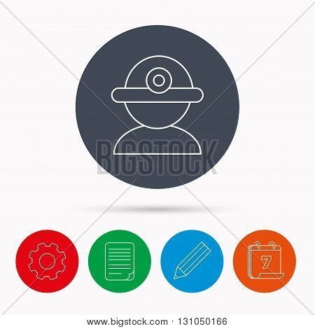 Worker icon. Engineering helmet sign. Calendar, cogwheel, document file and pencil icons.