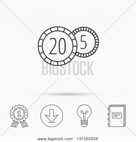 Coins icon. Cash money sign. Bank finance symbol. Twenty and five cents. Download arrow, lamp, learn book and award medal icons.