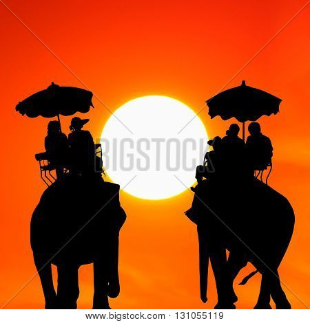 silhouette elephant with tourist at beautiful sunset