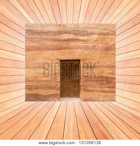 stone wall and door in wood plank room