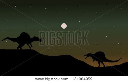 Spinosaurus in hills scenry silhouette at the night