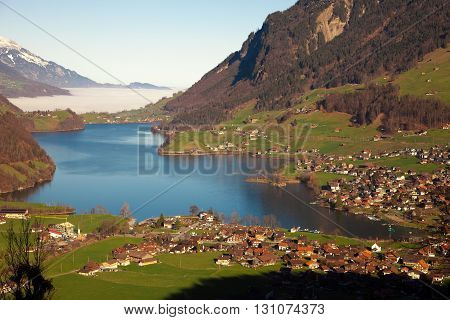 Fog rising and amazing mountain scenery near Lungern Switzerland
