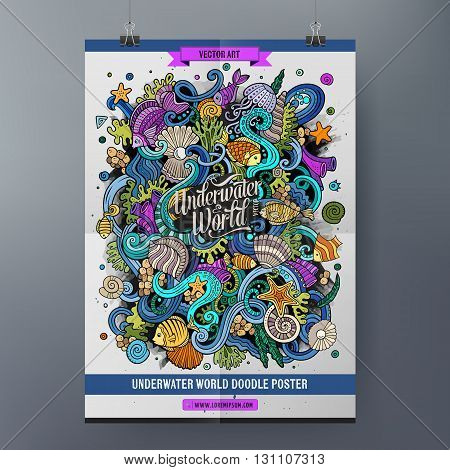 Doodles cartoon colorful Underwater world hand drawn illustration. Vector template poster design