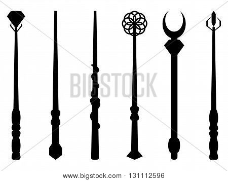 Magic Wands. Magic And Magical Objects. Chery Silhouette On A White Background. Wizard Tool. Vector