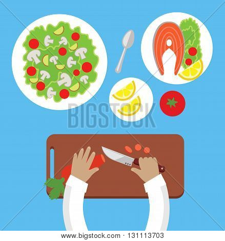 Prepare a meal top view design flat. Human hands with a knife cutting carrots on a wooden board for a salad. Bowl of salad with mushrooms and tasty dish of fish with lemon. Vector illustration