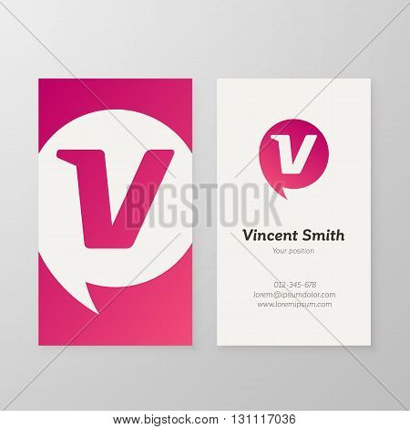 Modern letter V in speech bubble Business card template. Vector business personal card design. Layered editable.