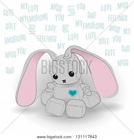 Cute felt bunny robot plush toy with heart Valentines Day miss you a day sitting. Sad robot robot illustration on a light background lettering