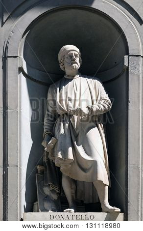 FLORENCE, ITALY - JUNE 05: Donatello in the Niches of the Uffizi Colonnade. The first half of the 19th Century they were occupied by 28 statues of famous people in Florence, Italy, on June 05, 2015