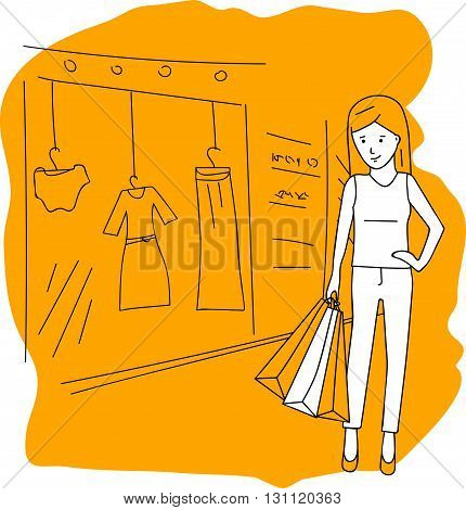 Shopping. Girl with shopping bags. yellow background