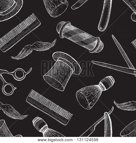 Vector vintage hand drawn Barber Shop seamless pattern on blackboard. Detailed background. Mustage scissors ribbon whisker. Design elements for background banner poster template.