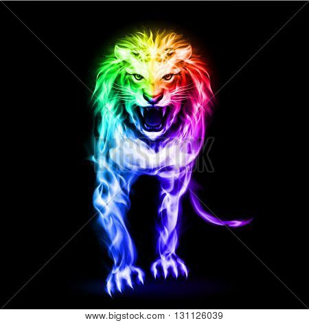 Fire lion in spectrum colors on black background