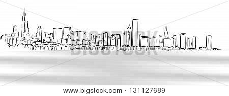 Chicago Outline Sketch With Michigan Lake In Foreground