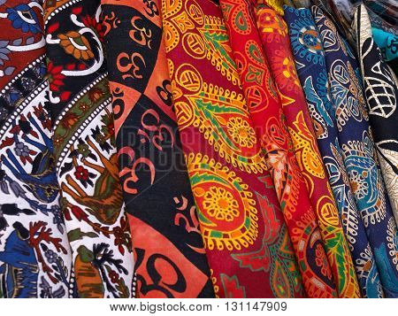Collection of colorful typical traditional handmade fabrics in a market Kathmandu Nepal