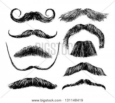 Hand drawn black and white mustache set