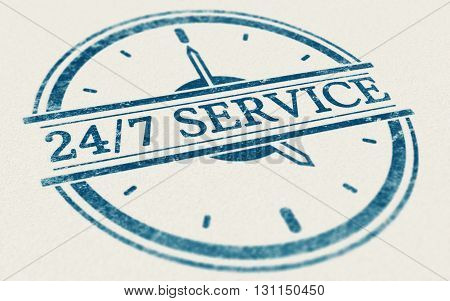 3D illustration of a rubber stamp mark over paper background. Concept of nonstop service or online support open everyday
