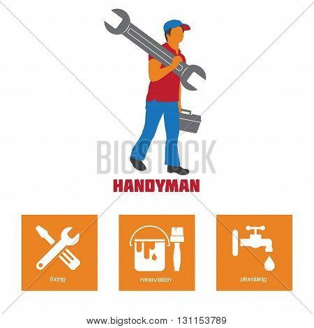 Handyman Business Sign Vector Set. Amenities repair house hold equipment fixing symbols. Vector graphics for working tools plumbing renovation best quality service concept. Sample text. Editable