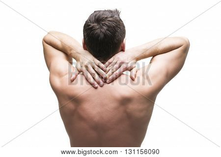 Pain in the neck. Man with backache. Muscular male body. Isolated on white background. Middle part of the body