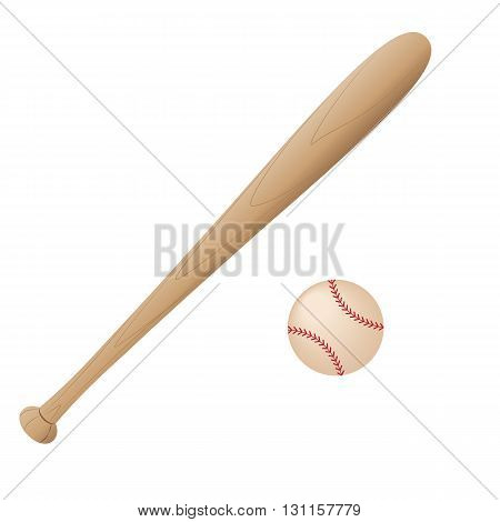 Baseball Illustration - Flat Icon. Realistic baseball bat and baseball with reflection on white background. Vector illustration.